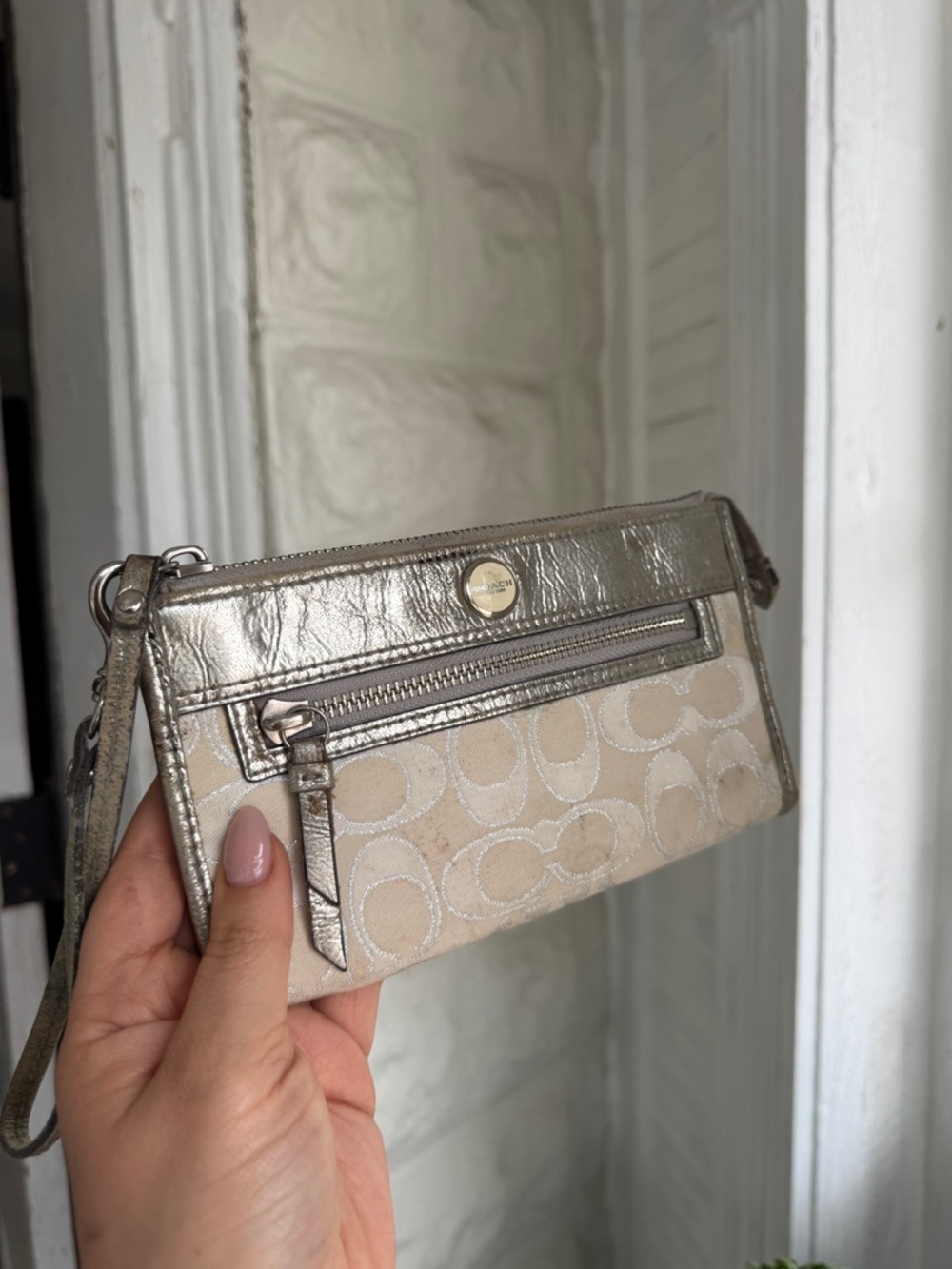 Coach Beige Signature Canvas Wristlet with Metallic Silver Trim